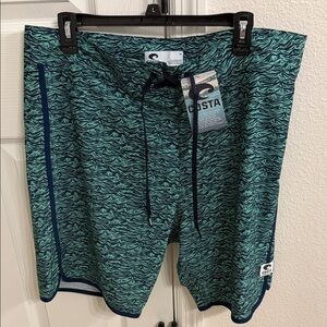 Costa Men's Teal Wave-Pattern Swim Board Shorts